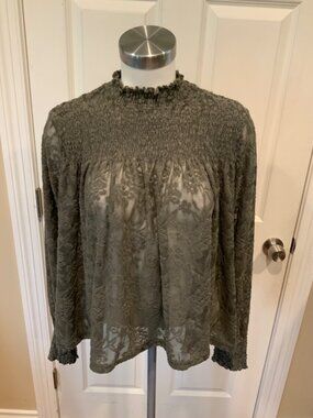 Deletta Gray Smocked Floral Ruffle Neck Sheer Top, Size Medium